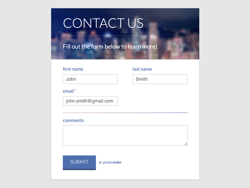 HTML code for Contact Us form